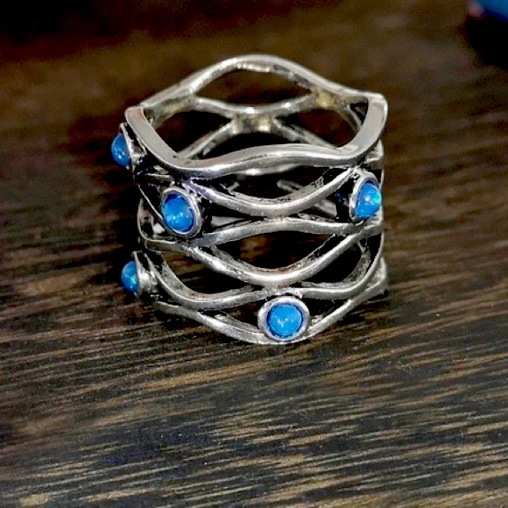 Retro Plated 925 Silver Opal Hollow Interwoven Buckle Ring